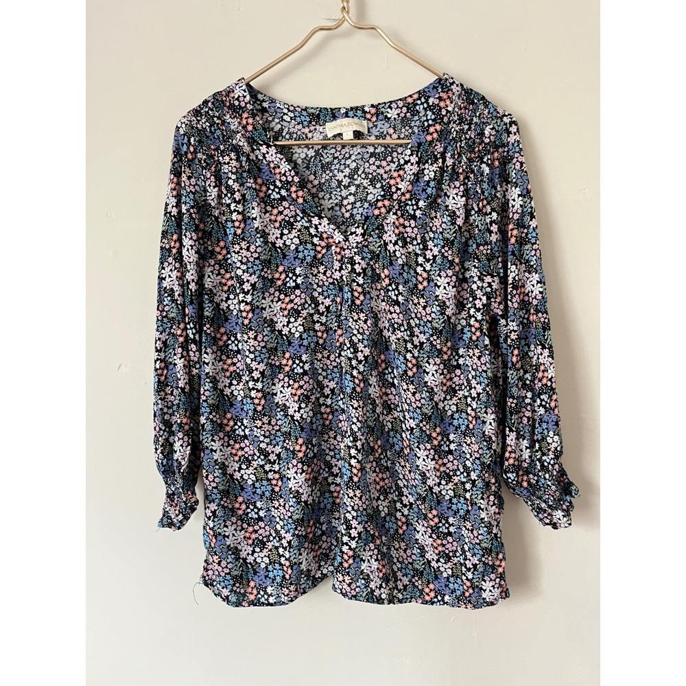 Cynthia Rowley Floral V-Neck Blouse Black Pink Blue Cottagecore Rayon Large